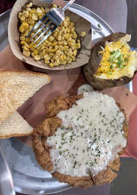 Chicken fried chicken & white gravy(full order) with baked potato, corn & toast