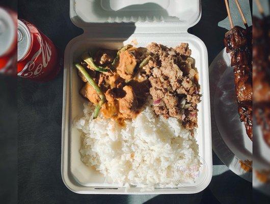 Kare-Kare, Spicy Sisig, White Rice, BBQ Skewers