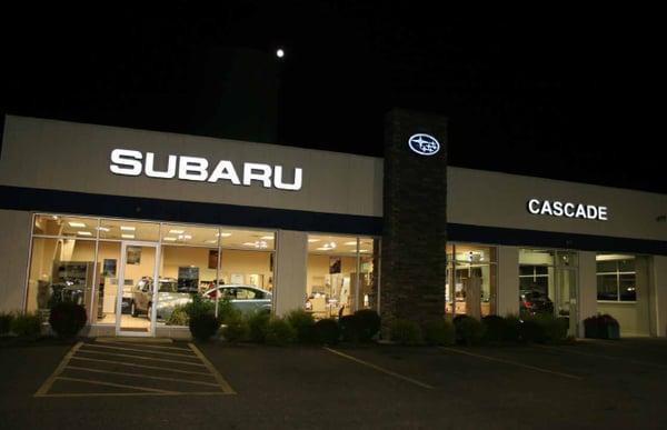 Cascade Subaru Showroom at night.