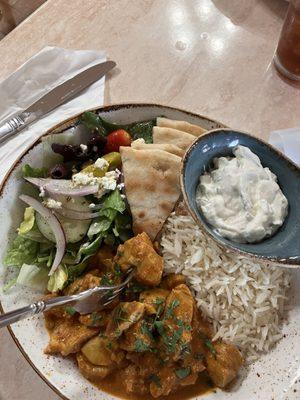 Chicken Curry with Gyro Pita Homemade Tzatziki Sauce rice Greek Salad