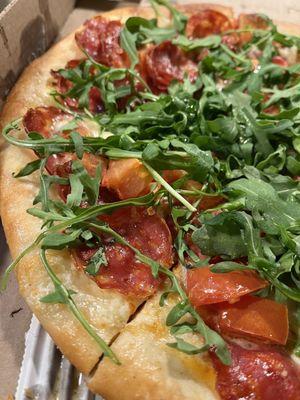 Burrata pizza (salami and tomatoes with Arugula