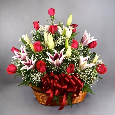 Big Red Basket W/ Premium Long Stem Red Roses w/ Stargazers- $139.99