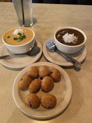 Cup of Seafood Gumbo and Crawfish Étoufée with Hush Puppies.