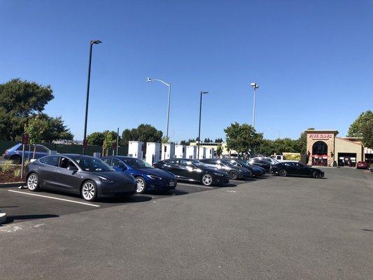 Tesla chargers facing 5 guys.