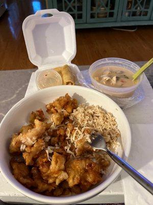 Orange chicken, egg rolls and coconut chicken soup