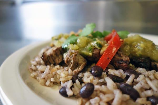 Mexican food delivery, Carne Asada with rice and beans to Deerfield