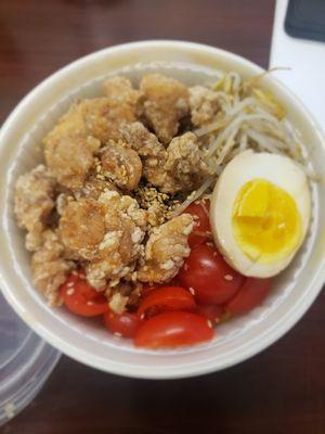 Build your own ramen $13.99 creamy vegan broth with tomatoes and bean spouts with crispy chicken and egg.