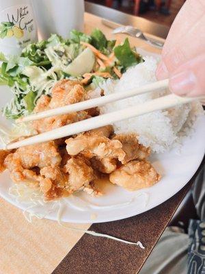 Lilikoi chicken, rice and a green salad with the best Lilikoi salad dressing around.