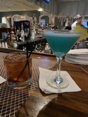 Sea blue martini and old fashioned