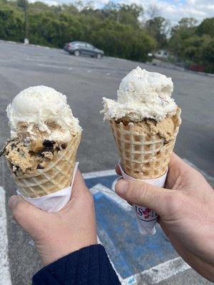 Waffle cones - (left) New York Cheesecake & Caramel Macchiato (flavors of the month), (right) Butter Pecan & Caramel Macchiato