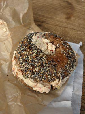 My sourdough bagel with veggie cream cheese.