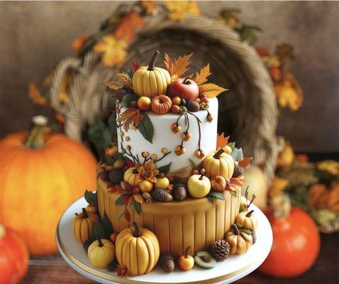 Thanksgiving themed custom tiered cake