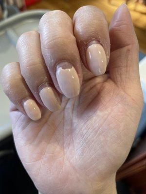 One week after my nail service. Chipping polish, messed up cuticles, and the paint is further up rather than closer to the cuticle