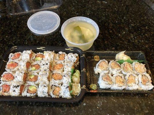 Spicy tuna, salmon avocado, spicy salmon, and spicy yellowtail roll with miso soup