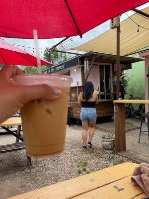 Quad shot iced lavender latte and a CBD iced lavender Latte