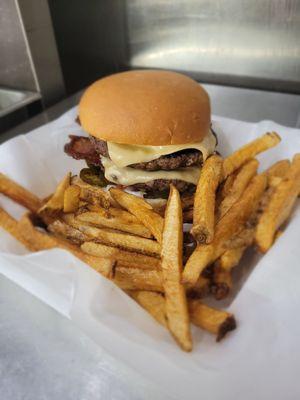 Double bacon cheese burger with home cut fries