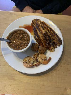 Blackened catfish, grilled shrimp and pinto beans