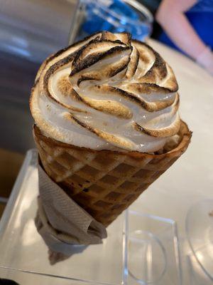 Baked Alaska- waffle cone topped with torched marshmallow fluff