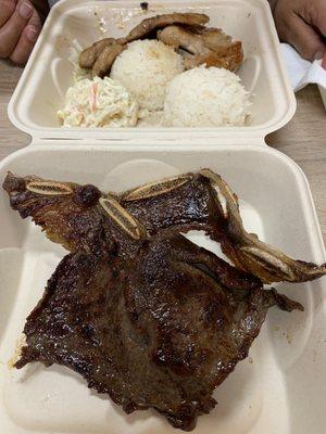 Teriyaki beef, kalbi ribs, bbq chicken, 2 scoops rice, and Mac salad. Enough for at least 2 meals.