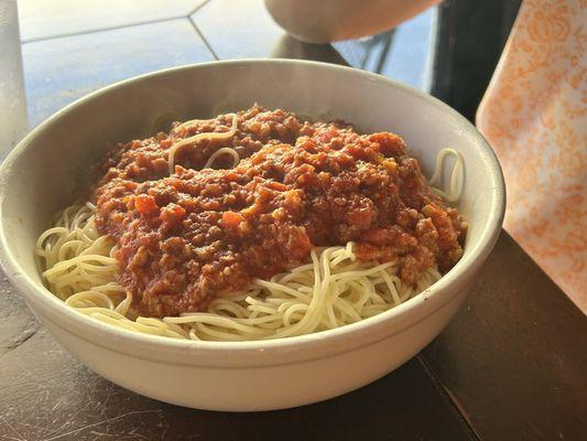 Angel hair pasta with meat sauce.