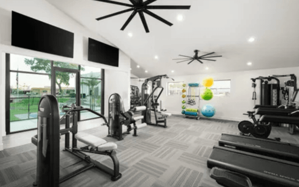 Large room with free weights and cardio machines.