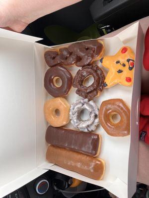 The inside of a box of donuts