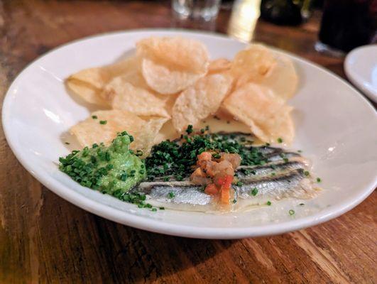 Boquerones. $12. Spanish anchovies, vinagreta, avocado puree, potato chips.