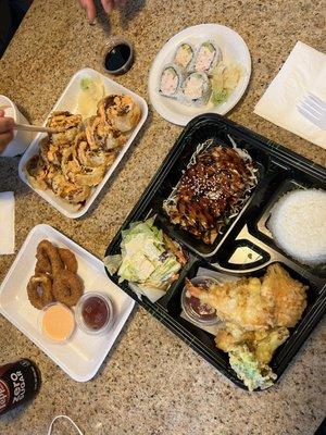 Rattlesnake Roll and Bento Box with CA Roll and Calamari