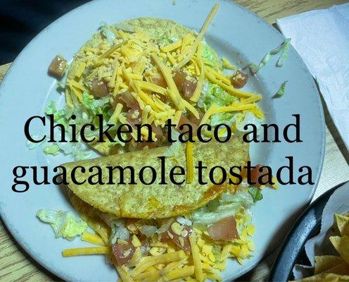 Chicken taco and guacamole tostada, comes with the Cancun plate.