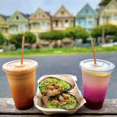 John's Amazing Sushi Burrito, lemonade, and Thai ice tea.