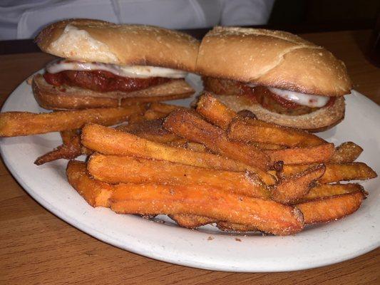 Meatball Hoagie with sweet potato fries.  Flavorful...