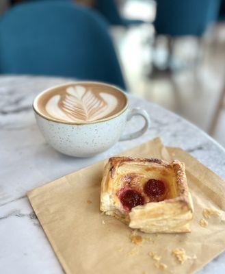 Peppermint mocha cappuccino with a raspberry danish