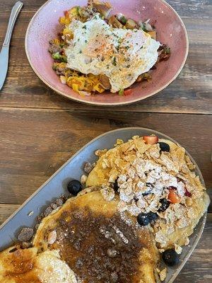 Protein Scramble with bacon, plus flight of Milk & Cereal, coffee cake, and pb choc chip