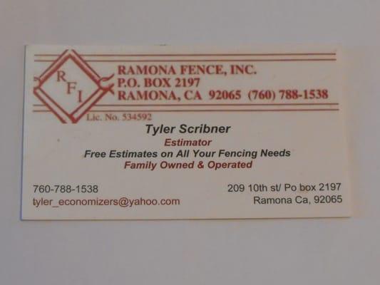 Business card left by Tyler.