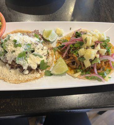 Beef Barbacoa Taco and Pork Taco