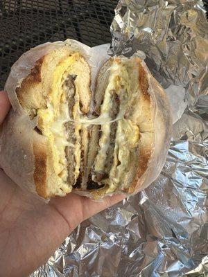 Sausage, egg and cheese on a bagel