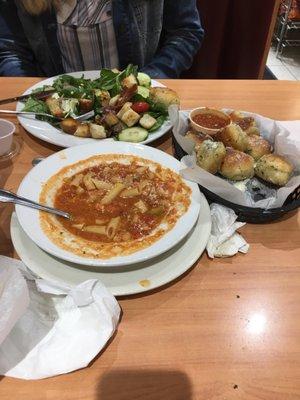 Pasta Fagioli, spinach salad and garlic knots