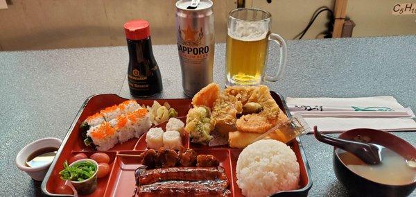 Unagi, Yakitori, Seaweed Salad, Rice, Dumplings, Tempura Vegetables & Sauce, Sushi Rolls, Miso Soup, Ginger, Wasabi, Sapporo Beer  !