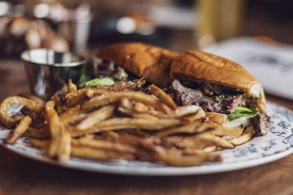 Skirt Steak Torta with freshly cut fries