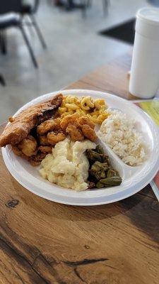 Fried Fish, Fried Shrimp, Mac and Cheese, Mashed Potatoes, White Rice and Steamed Okra.