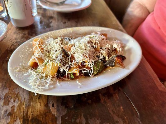 Rigatoni alla Disgraziata (mezze rigatoni with eggplant, tomato, ricotta salata and basil-breadcrumbs)