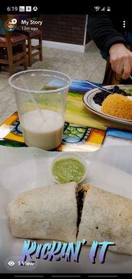 Burrito and horchata drink