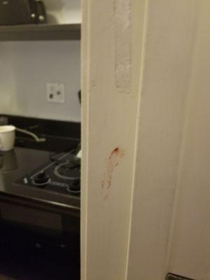 Blood on the wall to bathroom by kitchen