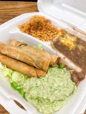 Tacquitos with quacamole and rice and beans.