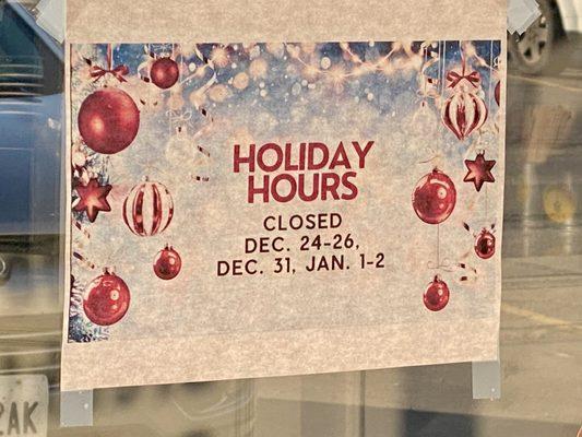 2023 Holiday hours