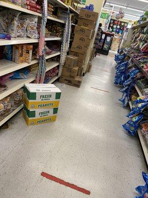 Boxes in the aisles.