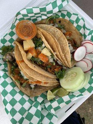 Tacos asada, al pastor, and chorizo