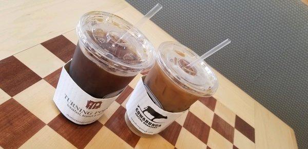 Iced americano 20oz, iced latte w/almond milk 20oz