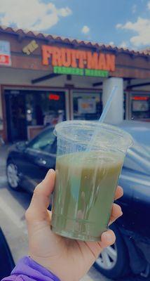 Tasty  fresh made nutritional green juice  (celery, cucumber , kale, green apple ) from "The Fruit Man Farmers Market". Thank you...