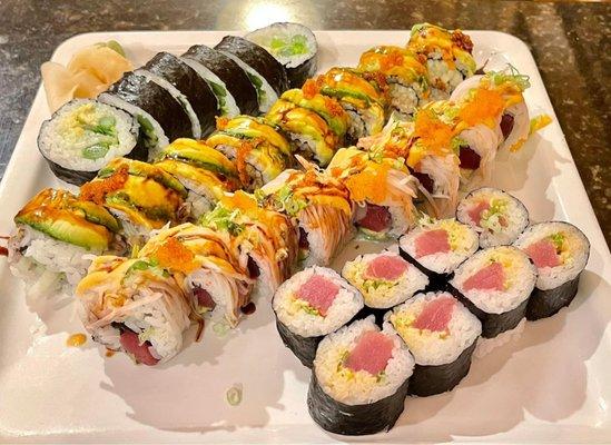 Veggie combo, eel roll, Russian Silk roll, & spicy tuna.